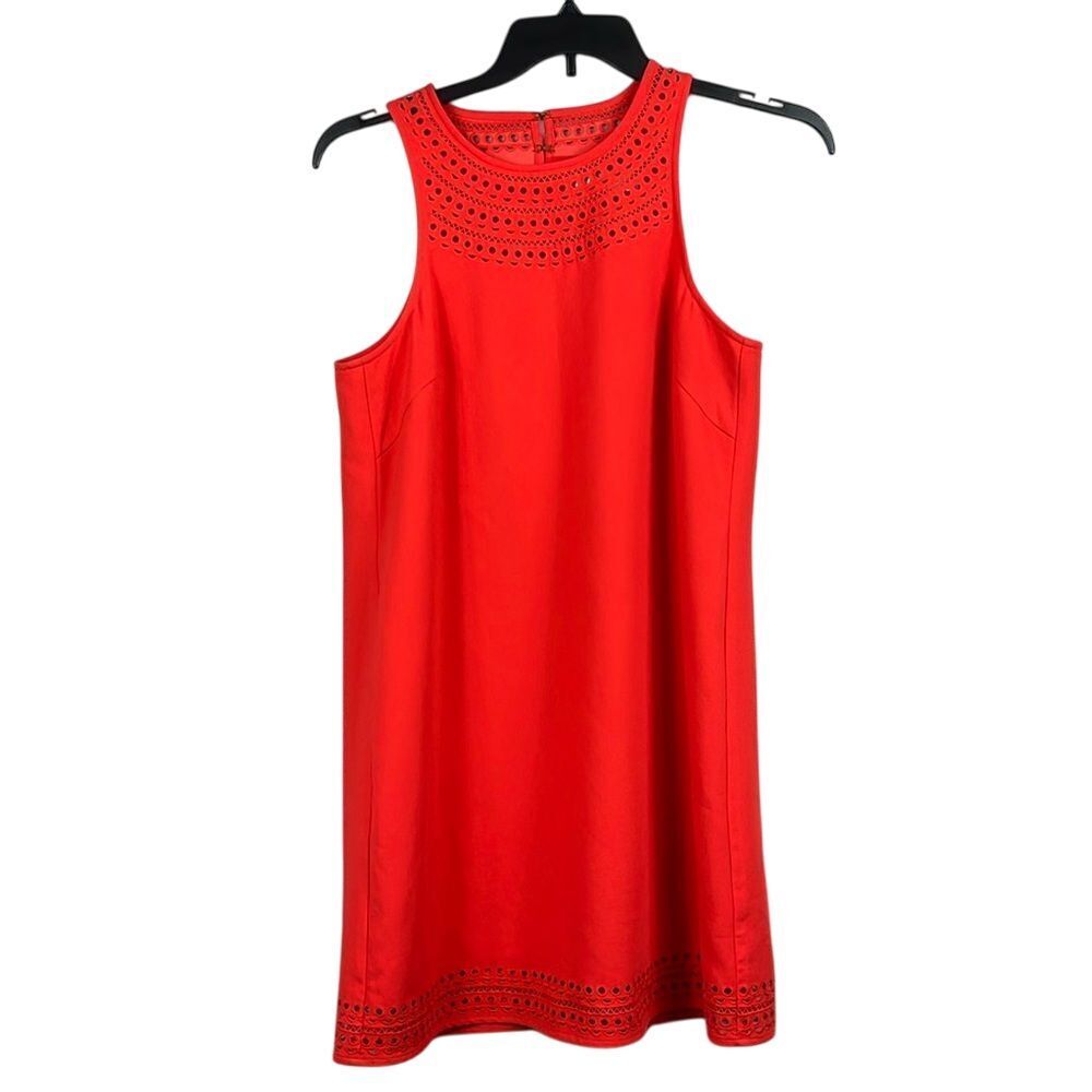 Trina Turk Sleeveless Midi Shift Dress Womens Size 8 Red Eyelet Neck and Hem